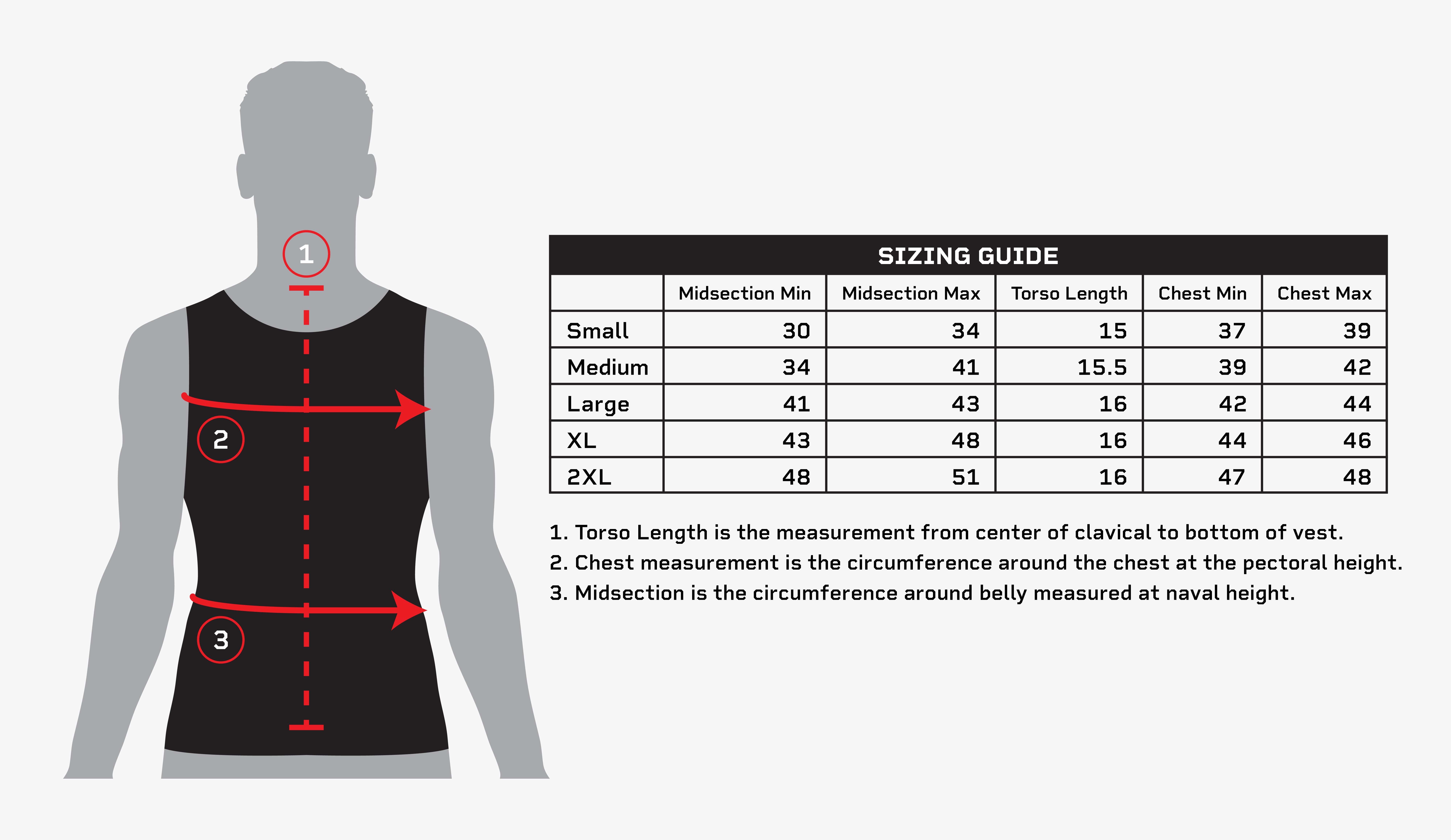 sizing for the executive vest, designed to fit close to the body for highest concealability