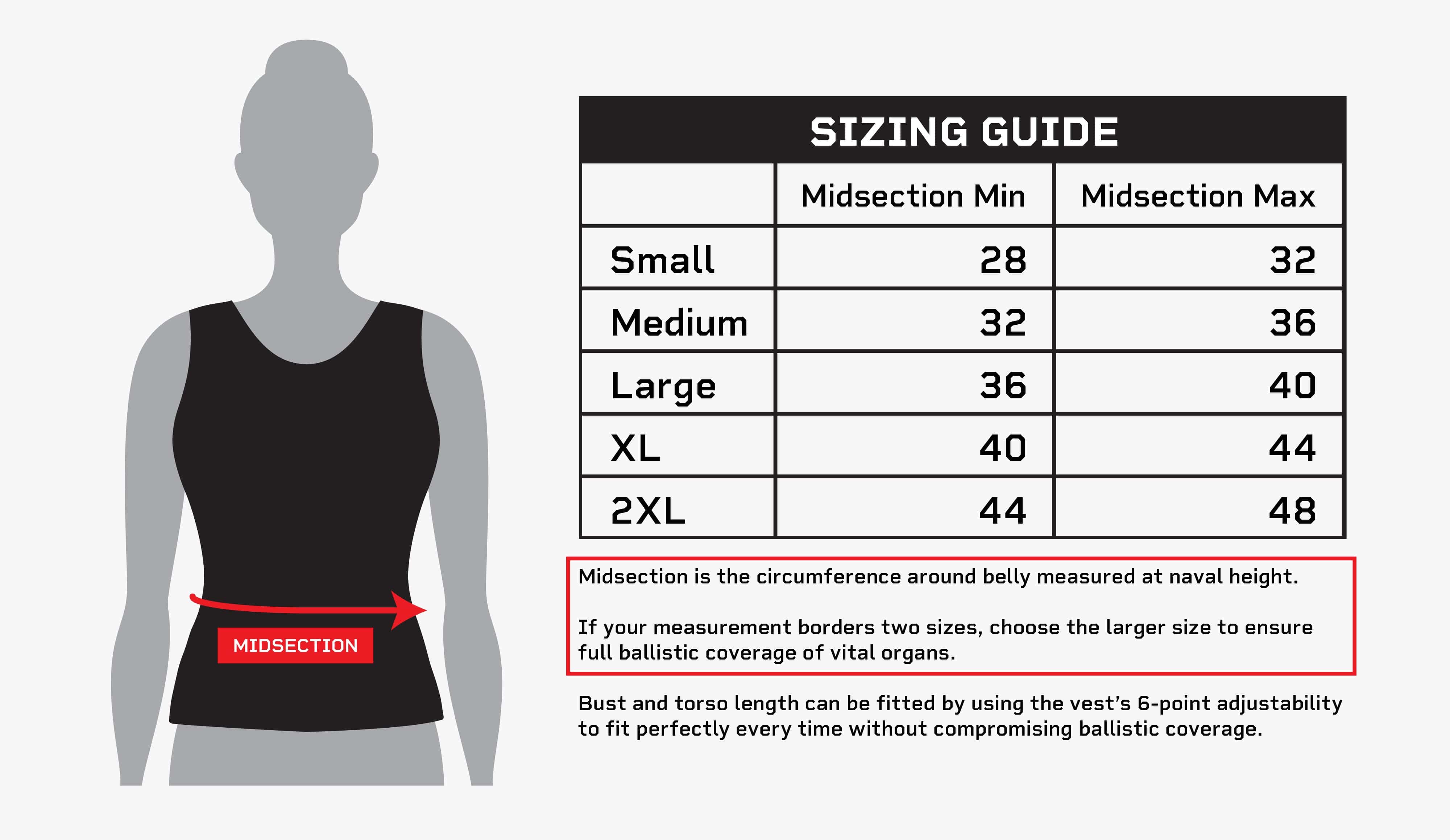 sizing for the female concealable armor vest, designed to fit close to the body for highest concealability