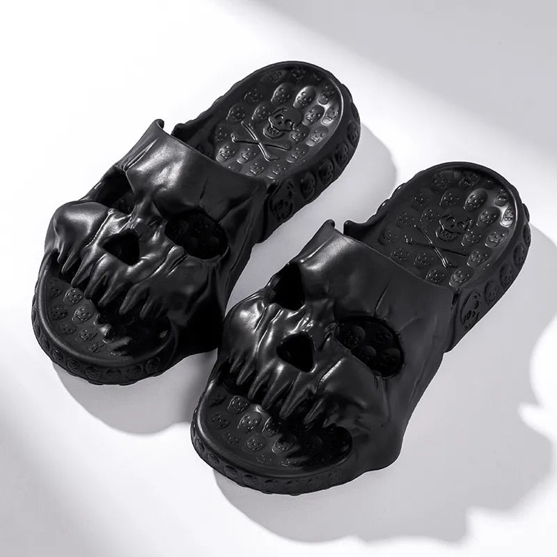 Coolest Skull Designer Soft EVA Slides 2023. Badass skull sandals, skull flip flops. Badass biker skull accessories. Badass skull accessories.