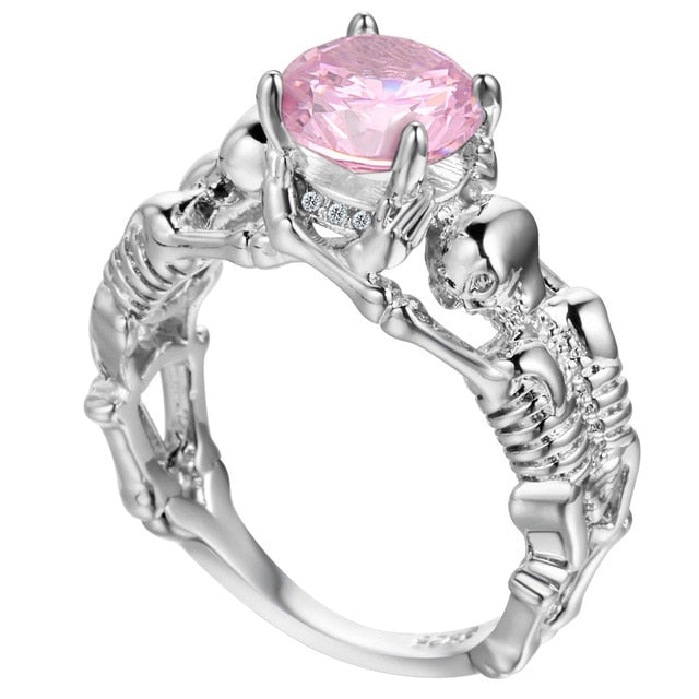 Pink Stone Silver Ghost Evil Skull Skeleton Hand CZ Rings