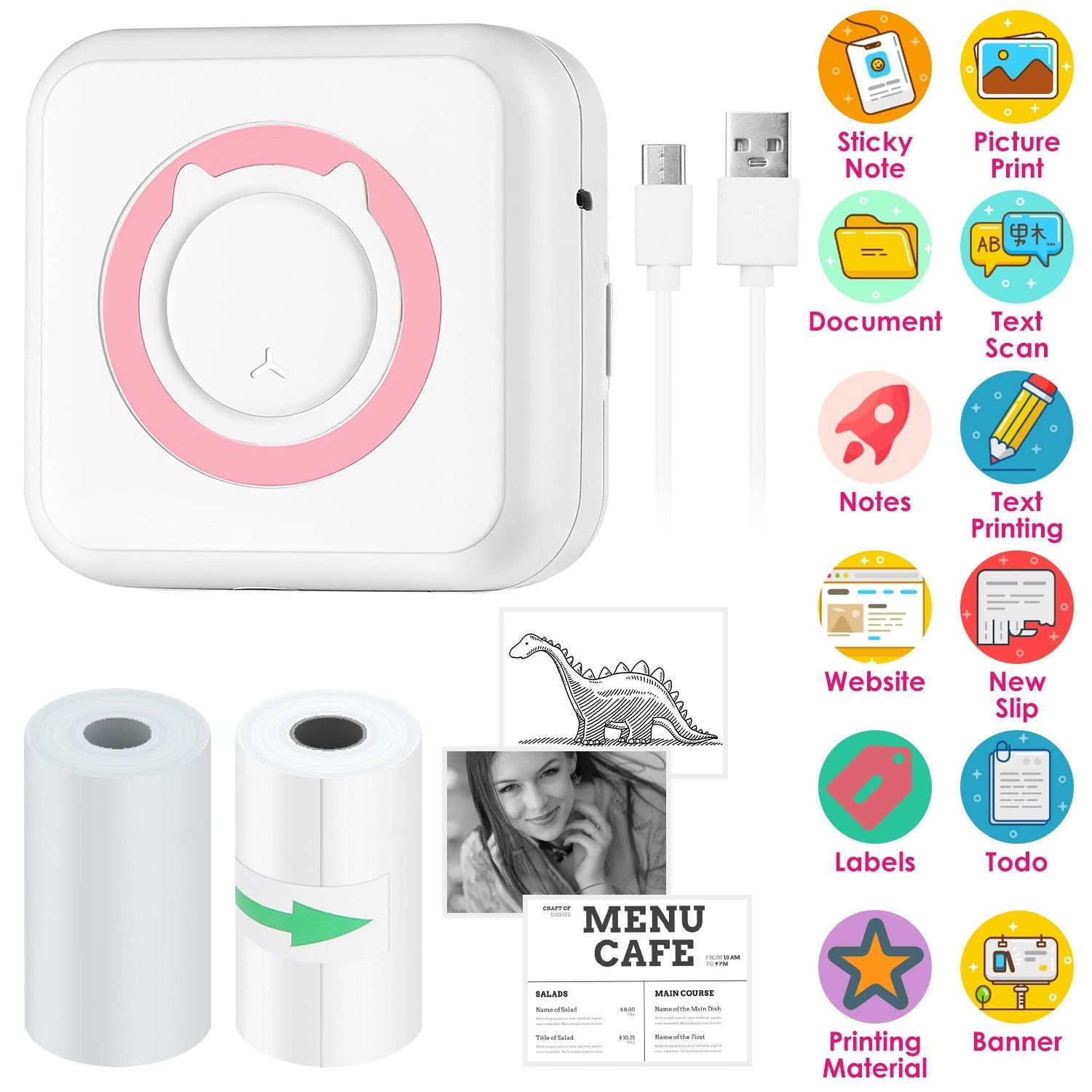 Pocket Wireless Thermal Printer Portable Mini Sticker Maker Machine Rechargeable Inkless Photo Printer for Printing Label Journal Study Notes Memo Photos