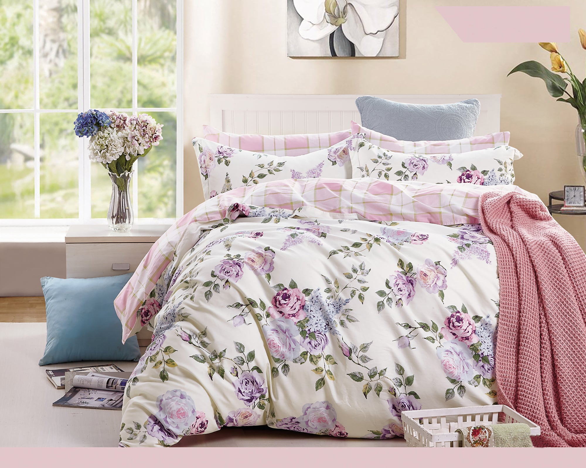 Pink Purple Roses 3 Piece 100 Cotton Bedding Set Duvet Cover And