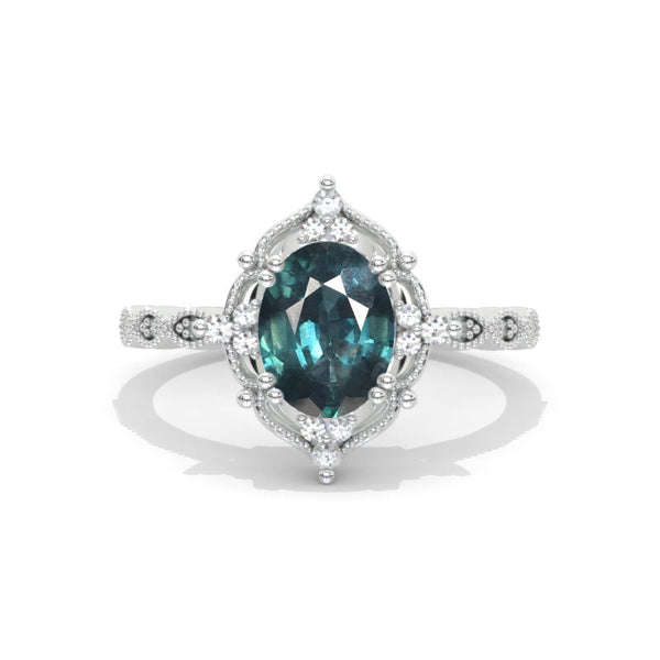 1.5 Carat Oval Teal Sapphire Halo Vintage Engagement Ring - Giliarto