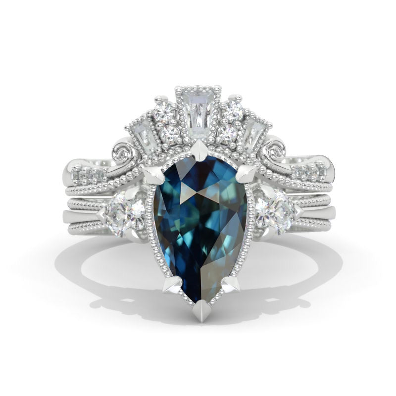 3CT Pear Shape Teal Sapphire Engagement Ring Set, White Gold, Halo Vin ...