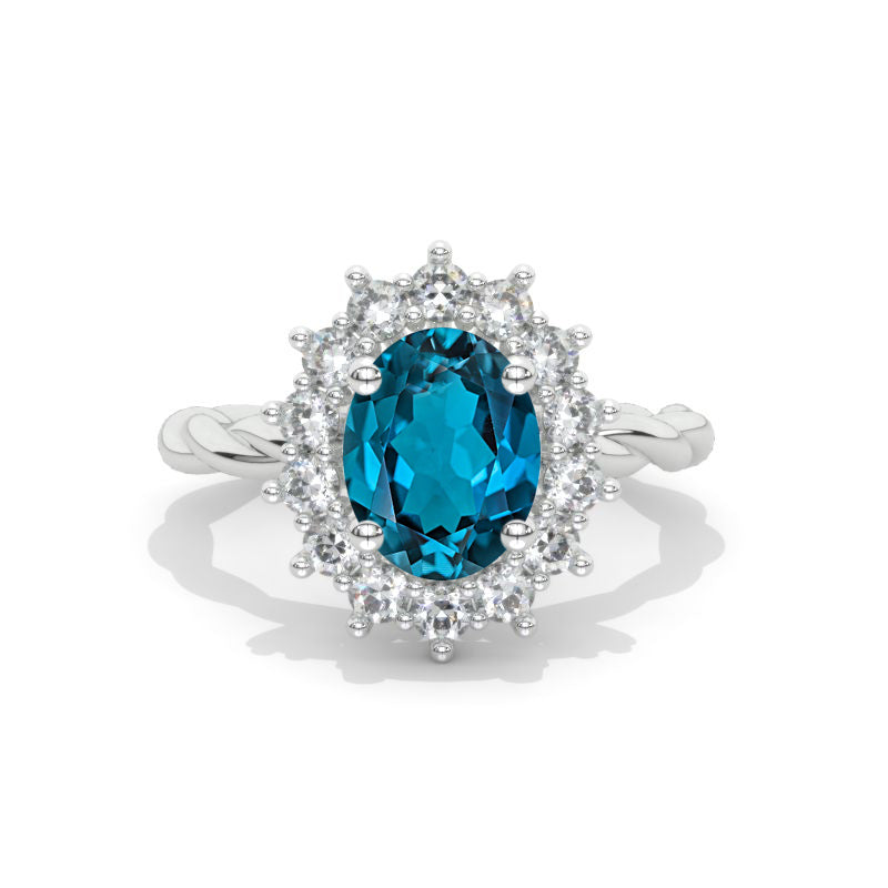 3 CT Oval Halo Genuine London Blue Topaz Vintage Wedding Ring. 14K Sol ...