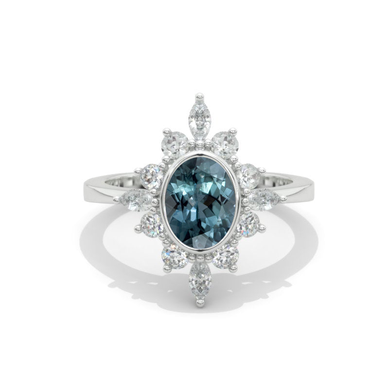 14K White Gold 1.5 Carat Oval Teal Sapphire Halo Engagement Ring - Giliarto