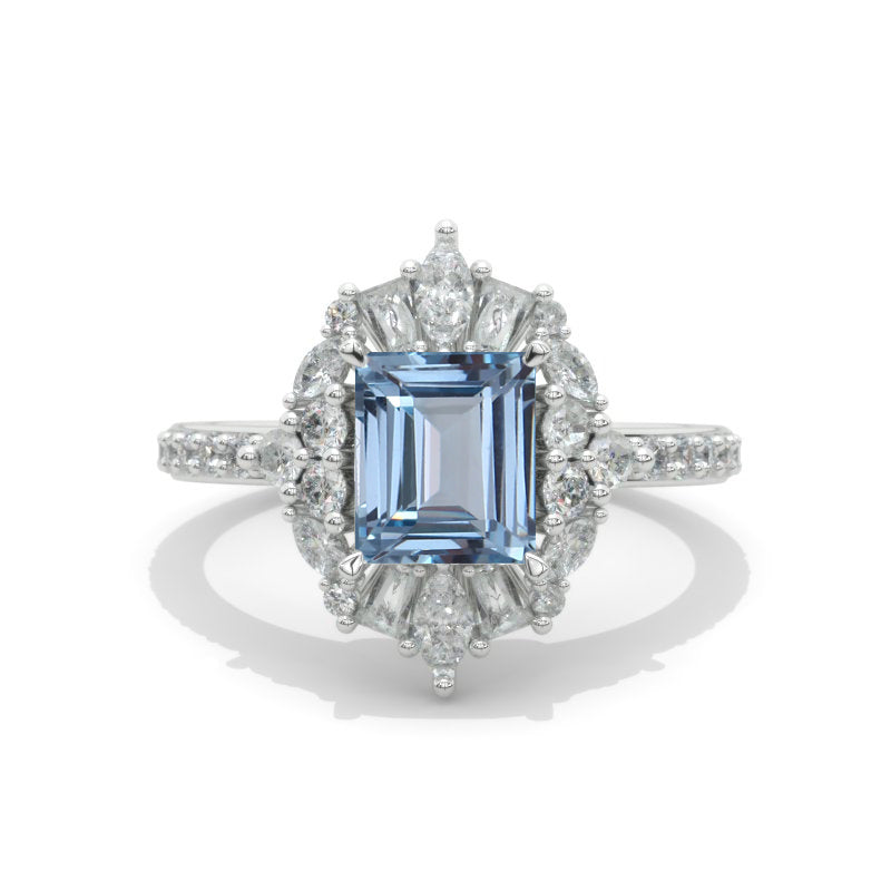 Genuine Aquamarine Emerald Cut Halo White Gold Engagement Ring - Giliarto