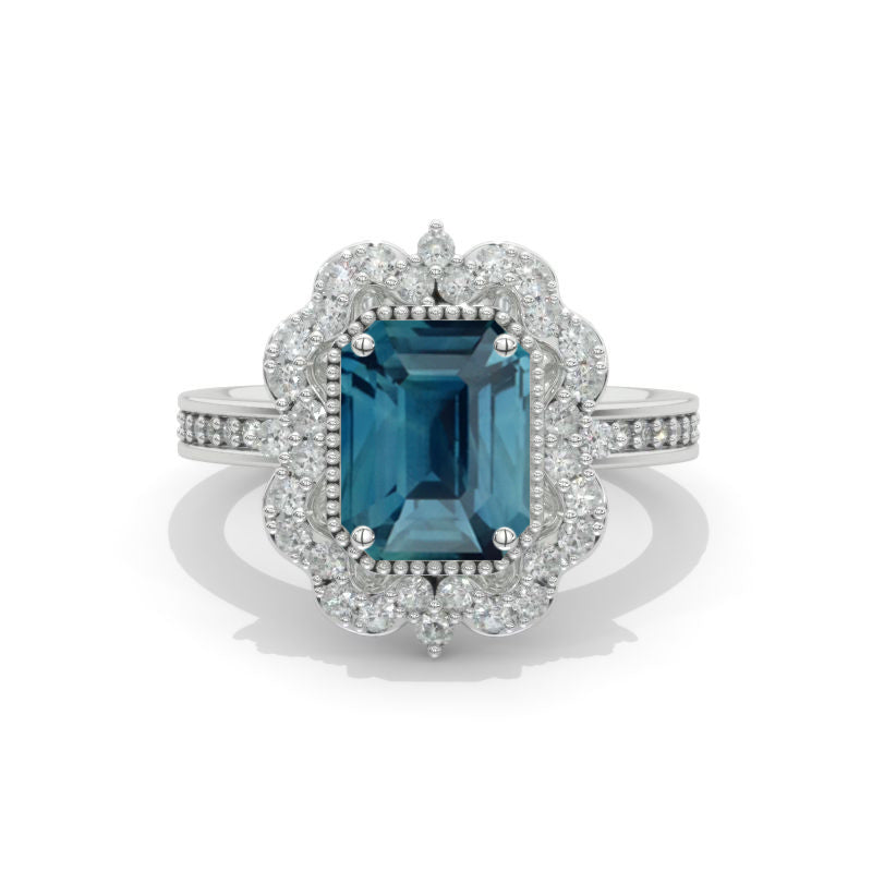 2 Carat Teal Sapphire Emerald Cut Halo White Gold Engagement Ring ...