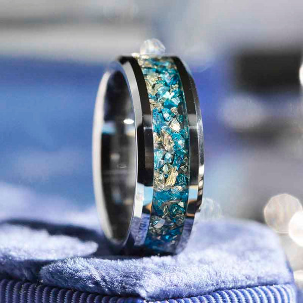 Genuine Crushed Raw Blue and White Sapphire Men's Tungsten Ring - Giliarto