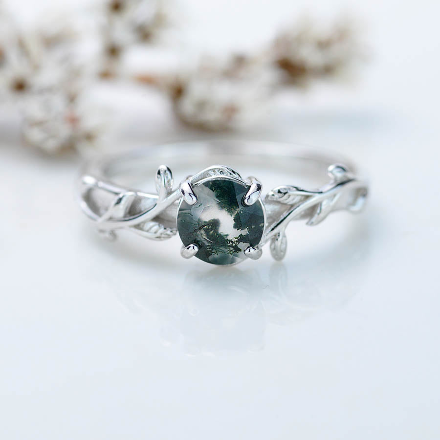 Genuine Moss Agate Twig Floral White Gold Engagement Ring - Giliarto