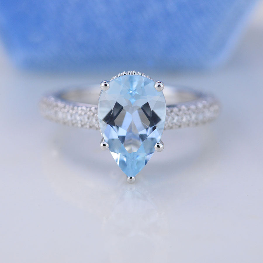 4 Carat Pear Cut Aquamarine Hidden Halo Gold Engagement Ring - Giliarto