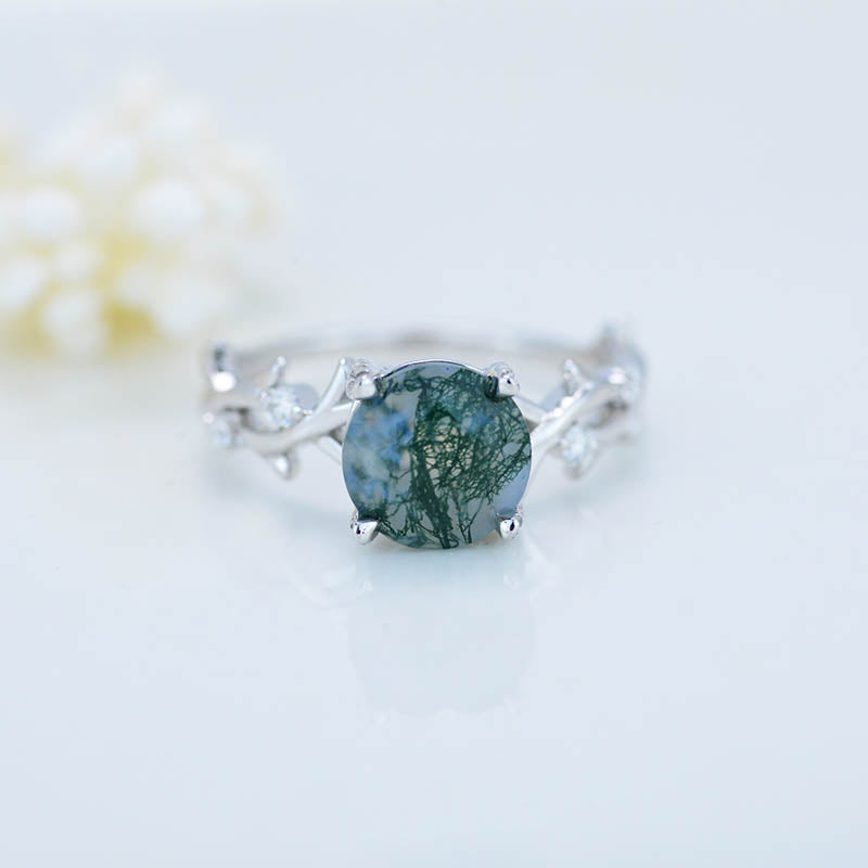 2 Carat Genuine Moss Agate Twig Floral White Gold Engagement Ring ...