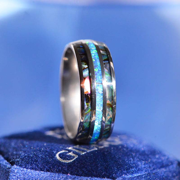 Genuine Australian Blue Fire Opal with Abalone Shell Titanium Ring For ...