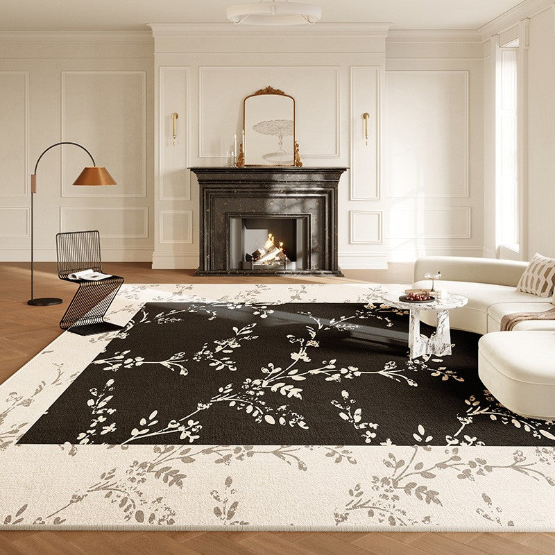 Contemporary Floor Carpets for Living Room, Large Modern Rugs for Sale, Dining Room Modern Rugs, Black Flower Pattern Geometric Modern Rugs in Bedroom