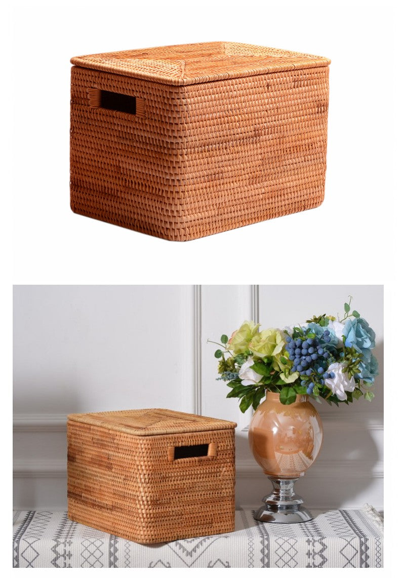 Handmade Rectangular Basket with Lip, Rattan Storage Basket, Storage Baskets for Kitchen and Bedroom, Rustic Baskets for Living Room