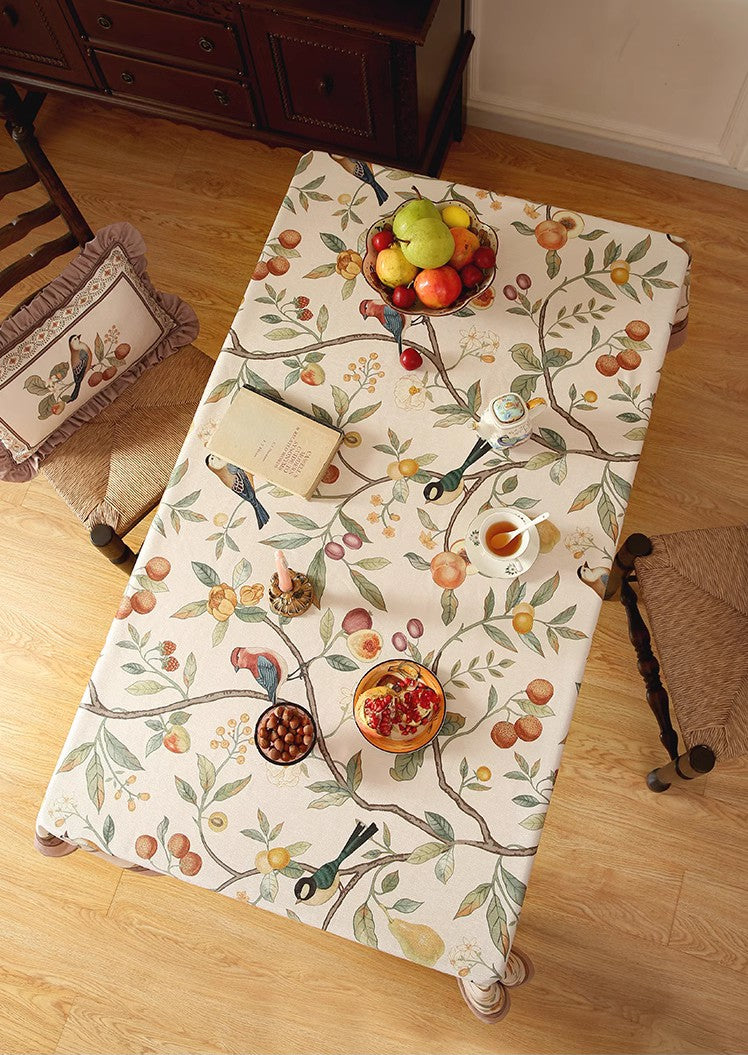 Bird and Fruit Tree Kitchen Table Cover, Linen Table Cover for Dining Room Table, Tablecloth for Round Table, Simple Modern Rectangle Tablecloth Ideas for Oval Table
