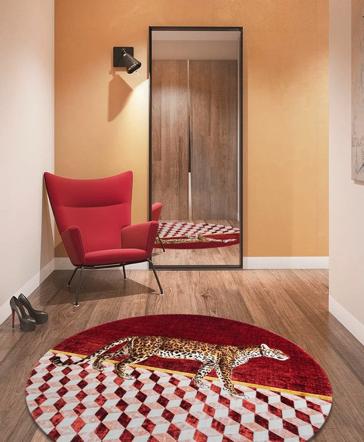 Contemporary Modern Rugs for Bedroom, Round Area Rugs for Dining Room, Coffee Table Leopard Modern Rugs, Red Modern Area Rugs