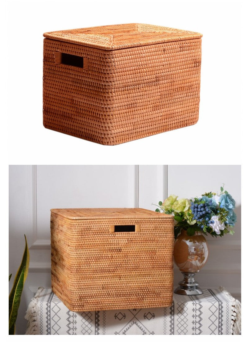 Large Handmade Rectangular Basket with Lip, Rattan Storage Basket, Storage Baskets for Bedroom, Rustic Baskets for Living Room