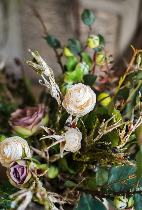 Eucalyptus leaves. Rose. Ranunculus Asiaticus Flowers. Beautiful Modern Flower Arrangement  for Living Room. Ctreative Artificial Floral  for Home Decoration