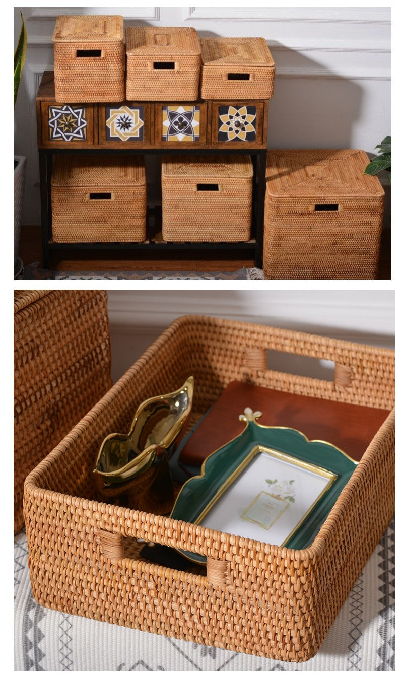 Small Handmade Rectangular Basket with Lip, Rattan Storage Basket, Storage Baskets for Kitchen and Bathroom, Rustic Baskets