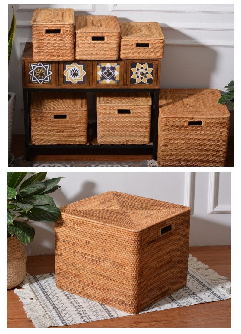 Square Handmade Basket with Lip, Rattan Storage Basket, Storage Baskets for Kitchen and Bathroom, Rustic Baskets