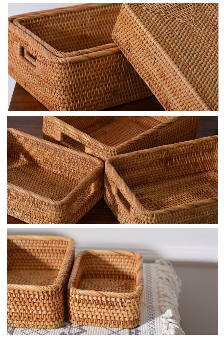 Handmade Rectangular Basket with Handle, Rattan Storage Basket, Storage Baskets for Kitchen and Bathroom