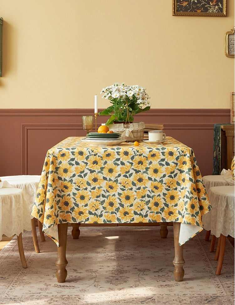 Modern Rectangle Tablecloth for Dining Room Table, Yellow Sunflower Pattern Farmhouse Table Cloth, Square Tablecloth for Round Table