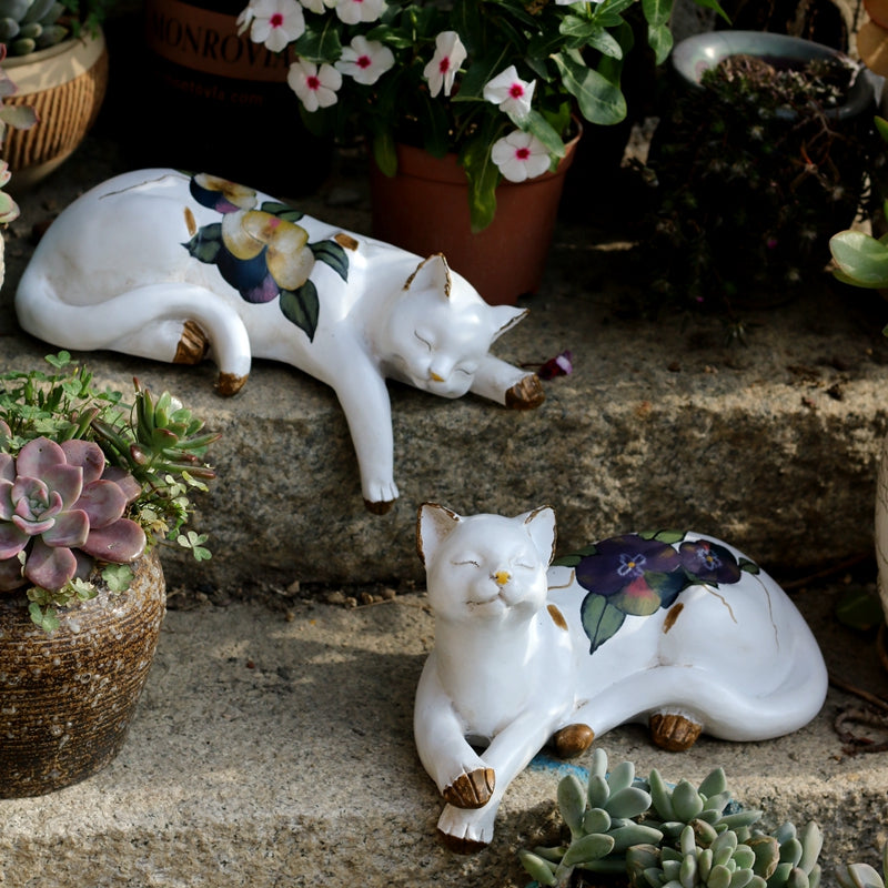 Lovely Cat Statues. Sleeping Cats Resin Statues. Garden Courtyard Decoration. Villa Outdoor Decor Gardening Ideas. House Warming Gift
