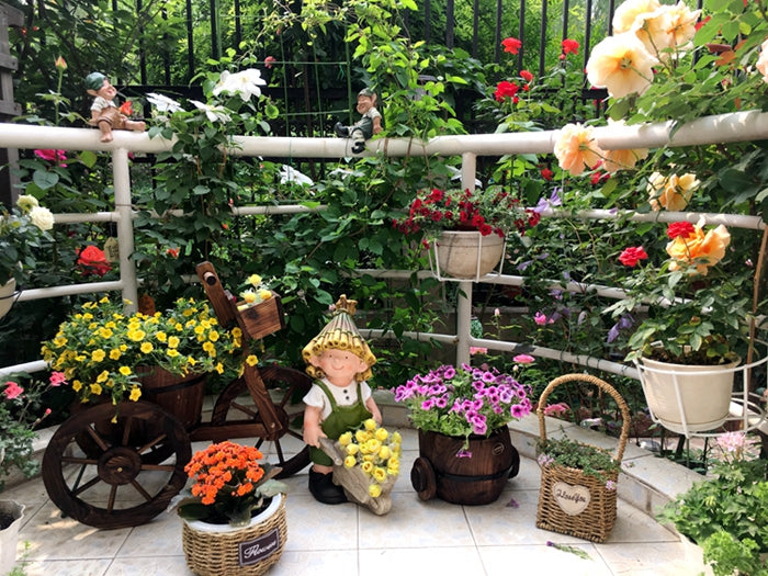 Boy Cart and Girl Carry Basket Statues, Flower Pot, Garden Courtyard Decoration, Villa Outdoor Decor Gardening Ideas
