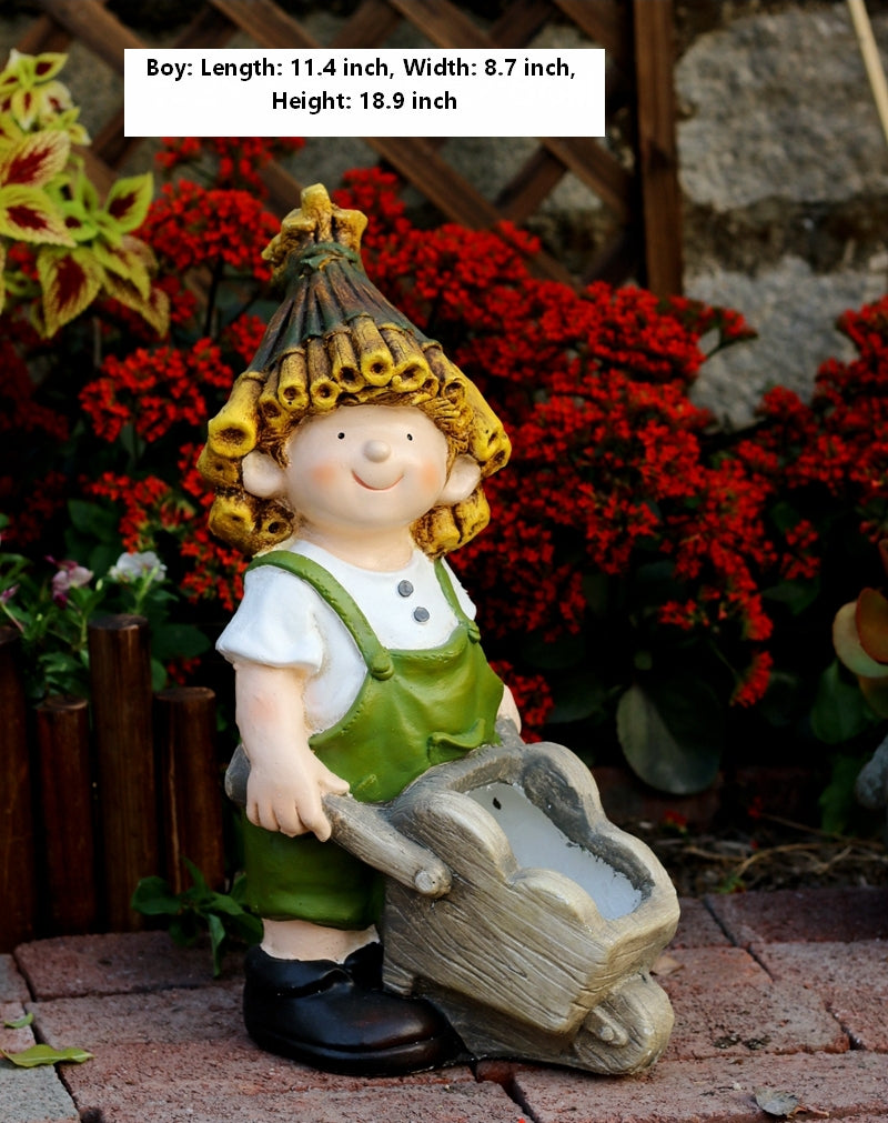 Boy Cart and Girl Carry Basket Statues, Flower Pot, Garden Courtyard Decoration, Villa Outdoor Decor Gardening Ideas