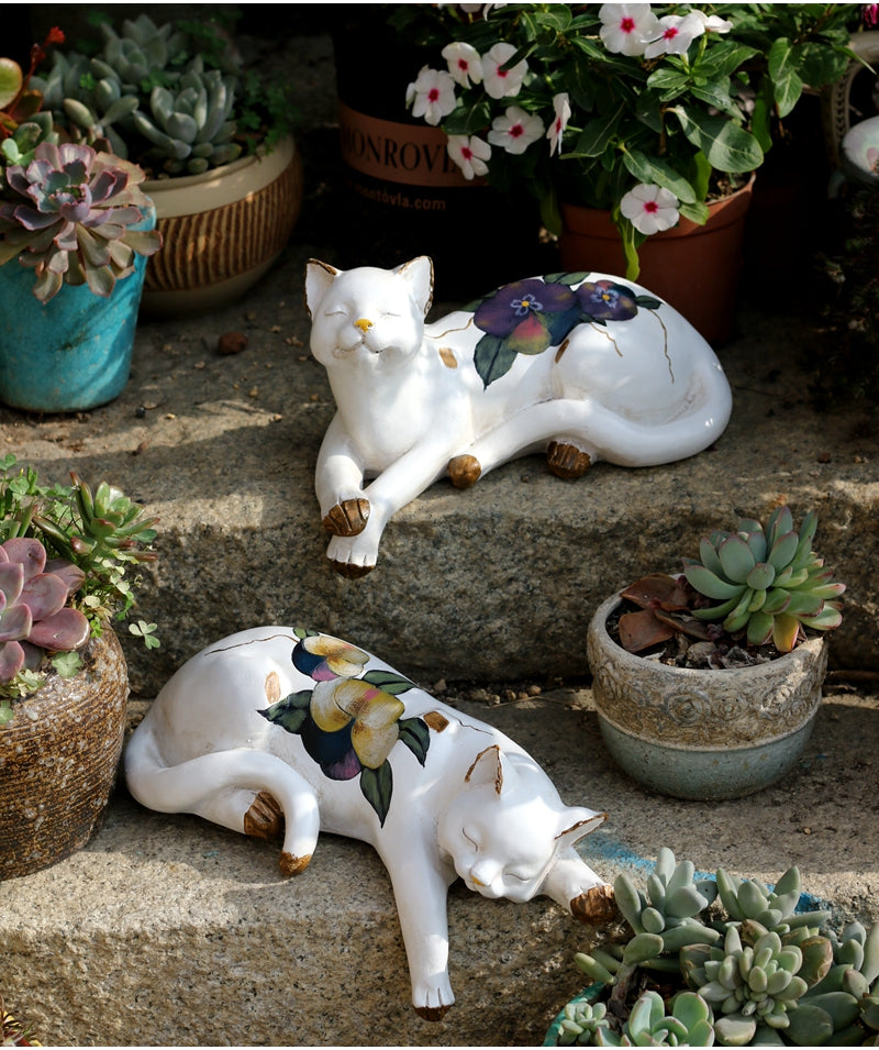 Lovely Cat Statues. Sleeping Cats Resin Statues. Garden Courtyard Decoration. Villa Outdoor Decor Gardening Ideas. House Warming Gift