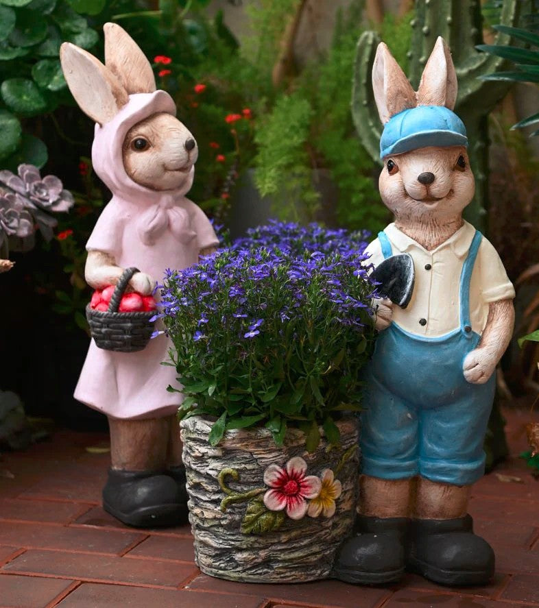 Large Rabbit Lovers Statue for Garden, Bunny Flowerpot, Garden Courtyard Ornament, Villa Outdoor Decor Gardening Ideas, Modern Garden Sculptures