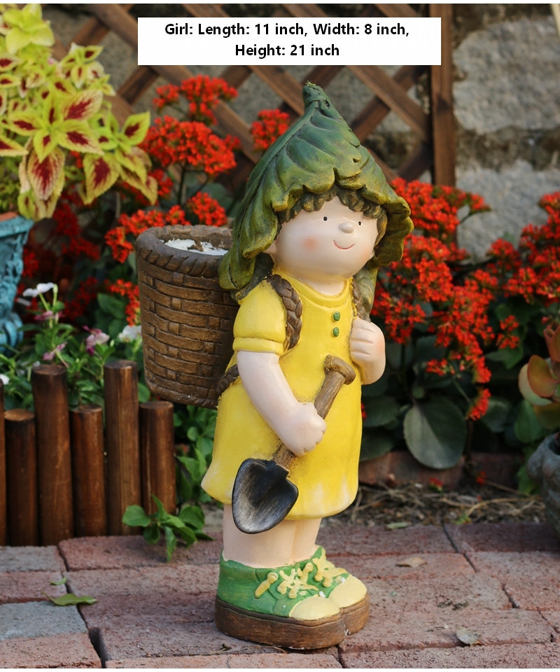 Boy Cart and Girl Carry Basket Statues, Flower Pot, Garden Courtyard Decoration, Villa Outdoor Decor Gardening Ideas