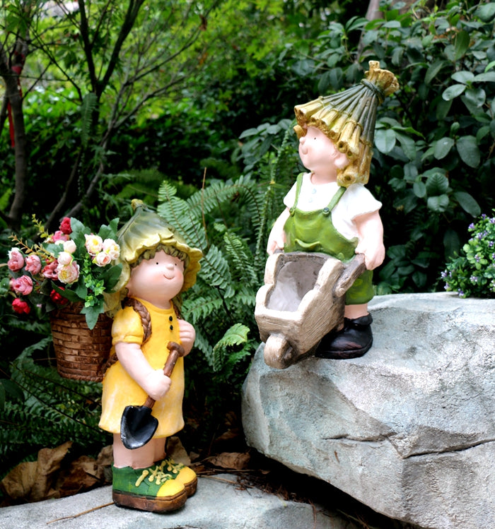 Boy Cart and Girl Carry Basket Statues, Flower Pot, Garden Courtyard Decoration, Villa Outdoor Decor Gardening Ideas