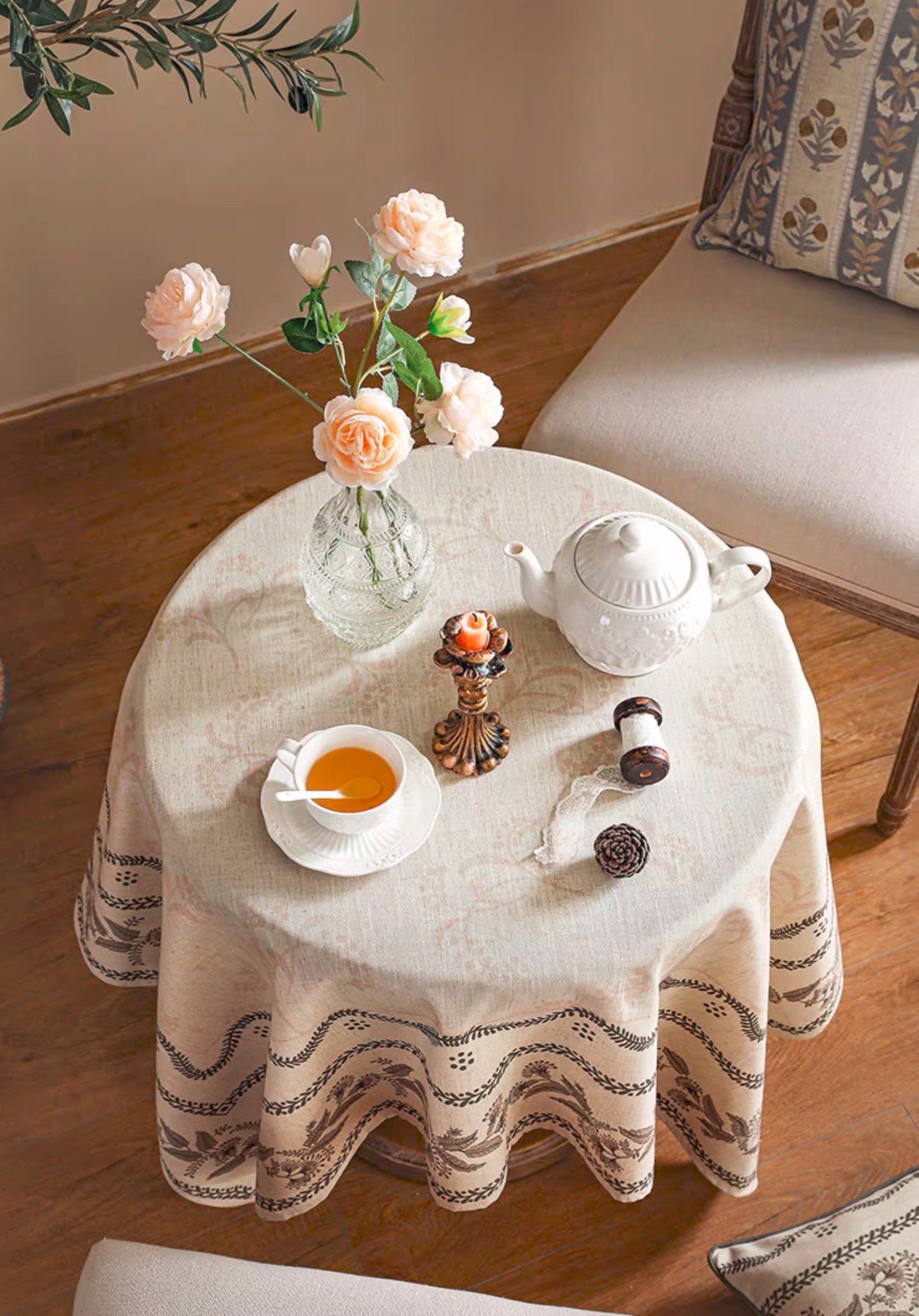 Simple Linen Tablecloth for Round Table, Flower Pattern Farmhouse Table Cloth, Modern Rectangle Tablecloth Ideas for Dining Table