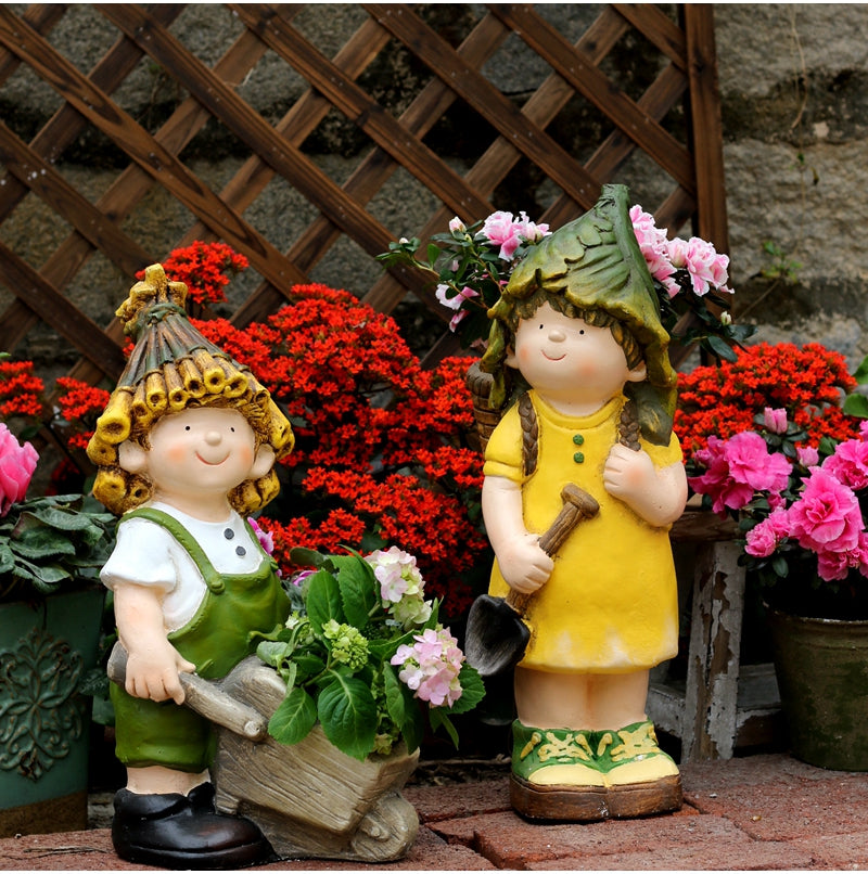 Boy Cart and Girl Carry Basket Statues, Flower Pot, Garden Courtyard Decoration, Villa Outdoor Decor Gardening Ideas