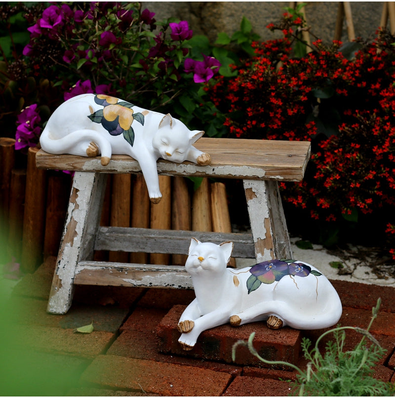 Lovely Cat Statues. Sleeping Cats Resin Statues. Garden Courtyard Decoration. Villa Outdoor Decor Gardening Ideas. House Warming Gift