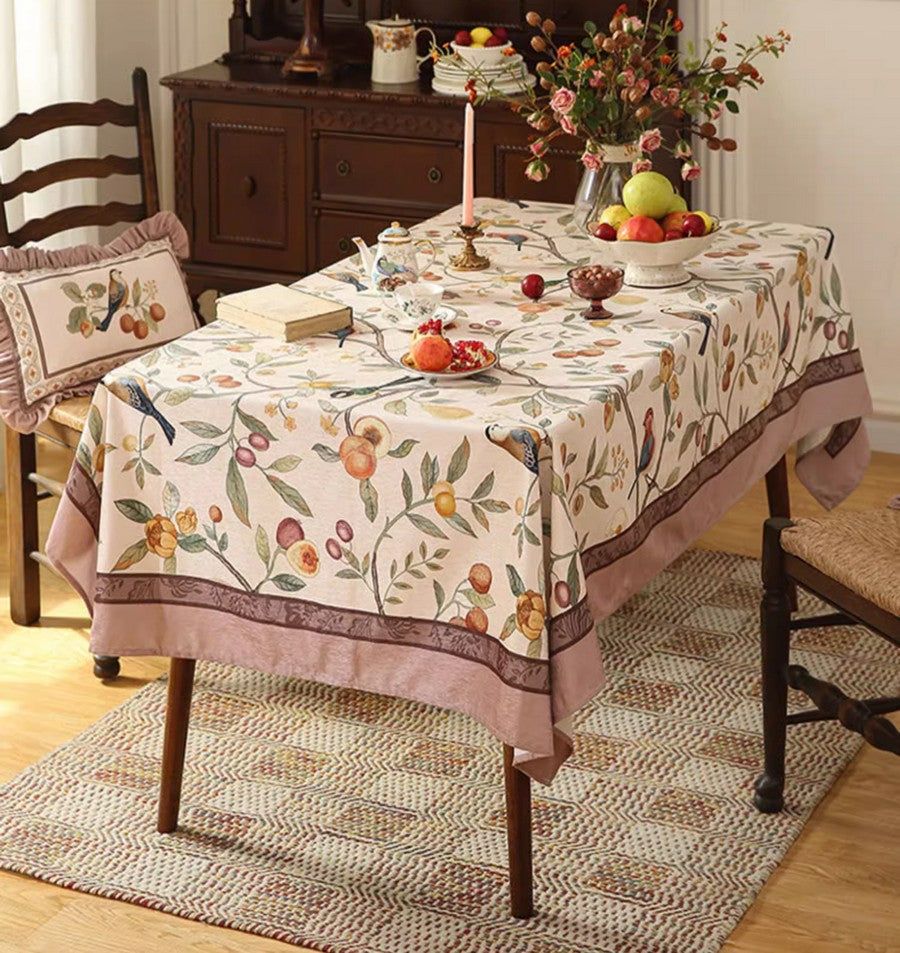 Bird and Fruit Tree Kitchen Table Cover, Linen Table Cover for Dining Room Table, Tablecloth for Round Table, Simple Modern Rectangle Tablecloth Ideas for Oval Table