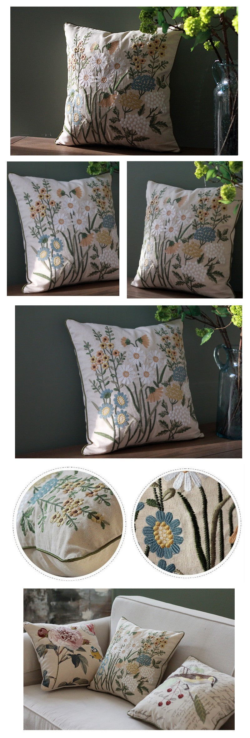 Embroider Flower Cotton and linen Pillow Cover, Decorative Throw Pillow