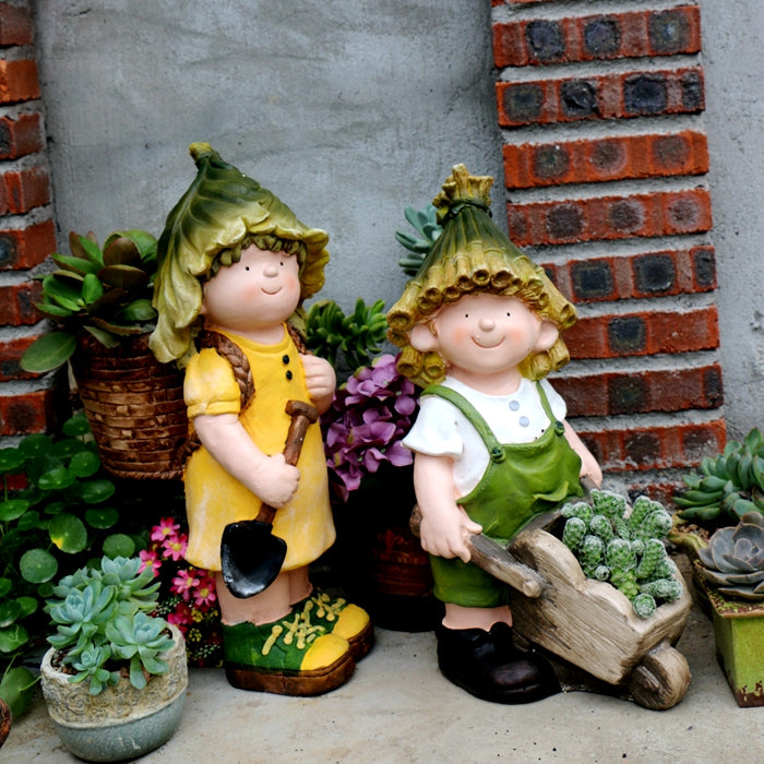 Boy Cart and Girl Carry Basket Statues, Flower Pot, Garden Courtyard Decoration, Villa Outdoor Decor Gardening Ideas