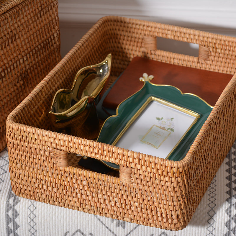Beautiful Handmade Rectangular Basket with Lip, Rattan Storage Basket with Handle, Storage Baskets for Kitchen and Bedroom