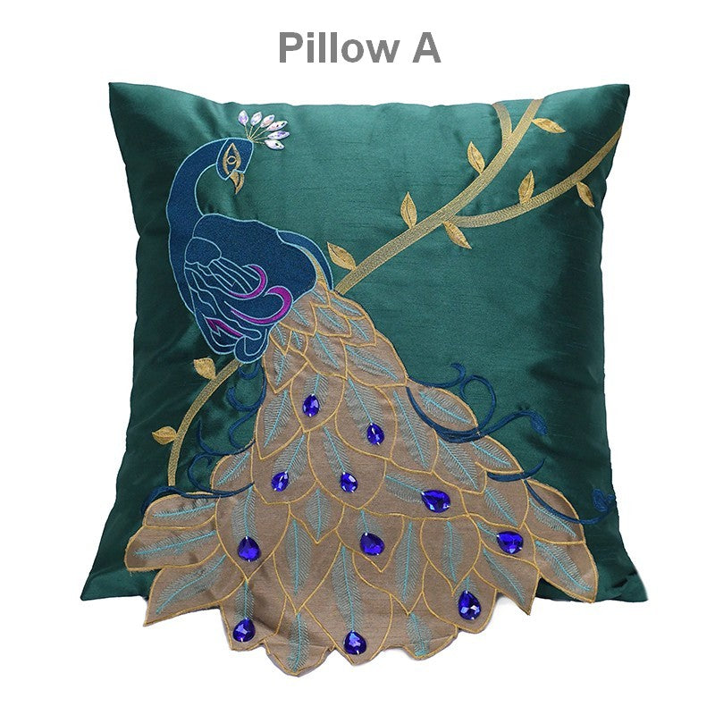 Decorative Sofa Pillows, Decorative Pillows for Couch,Beautiful Decorative Throw Pillows, Green Embroider Peacock Cotton and linen Pillow Cover