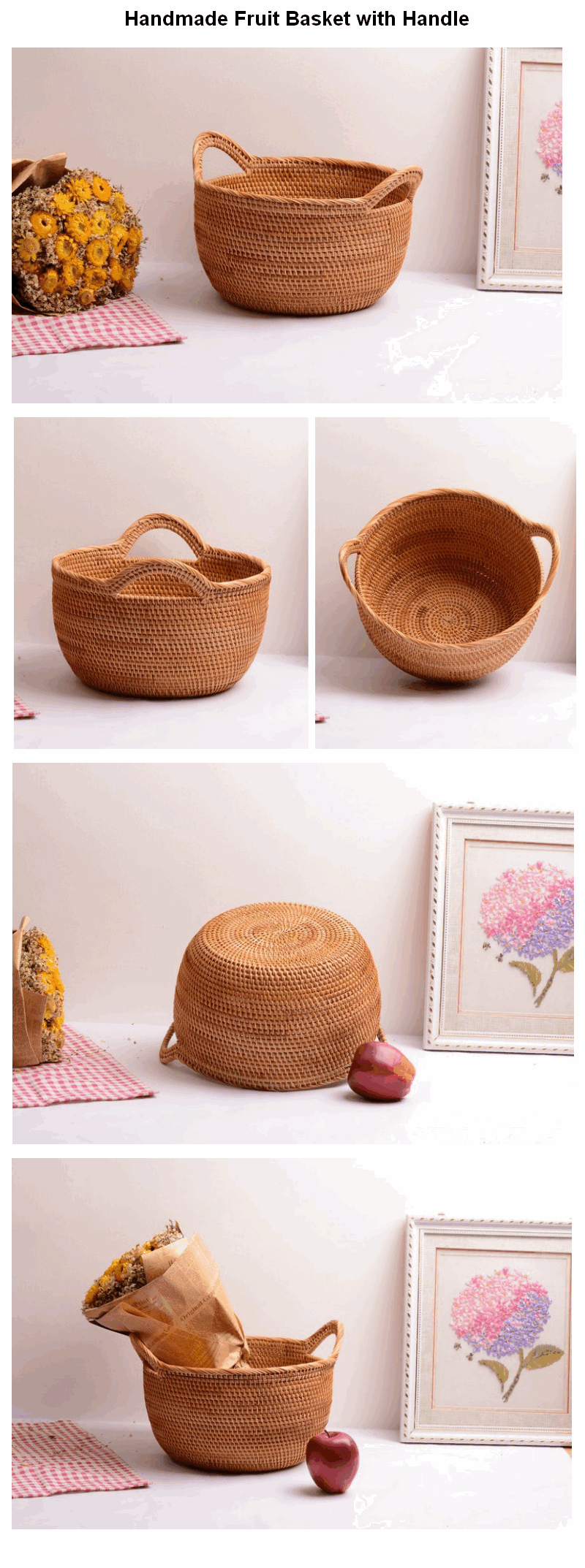 Round Woven Basket with Handle, Vietnam Traditional Handmade Rattan Wicker Storage Basket