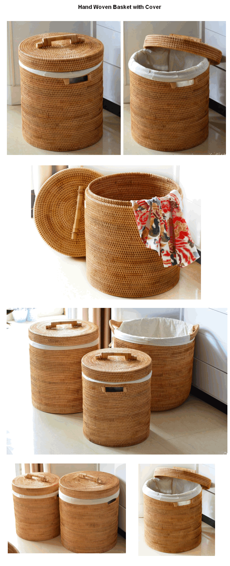 Large Hand Woven Clothes Basket with Cover, Large Woven Basket, Vietnam Round Basket