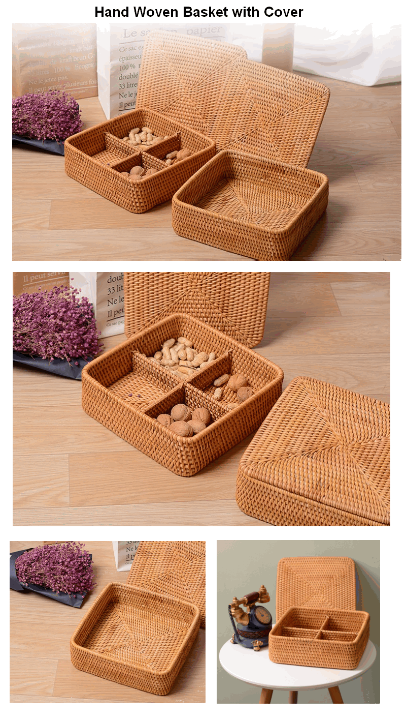 Cute Handmade Storage Basket with Cover, Lovely Woven Basket, Vietnam Round Basket