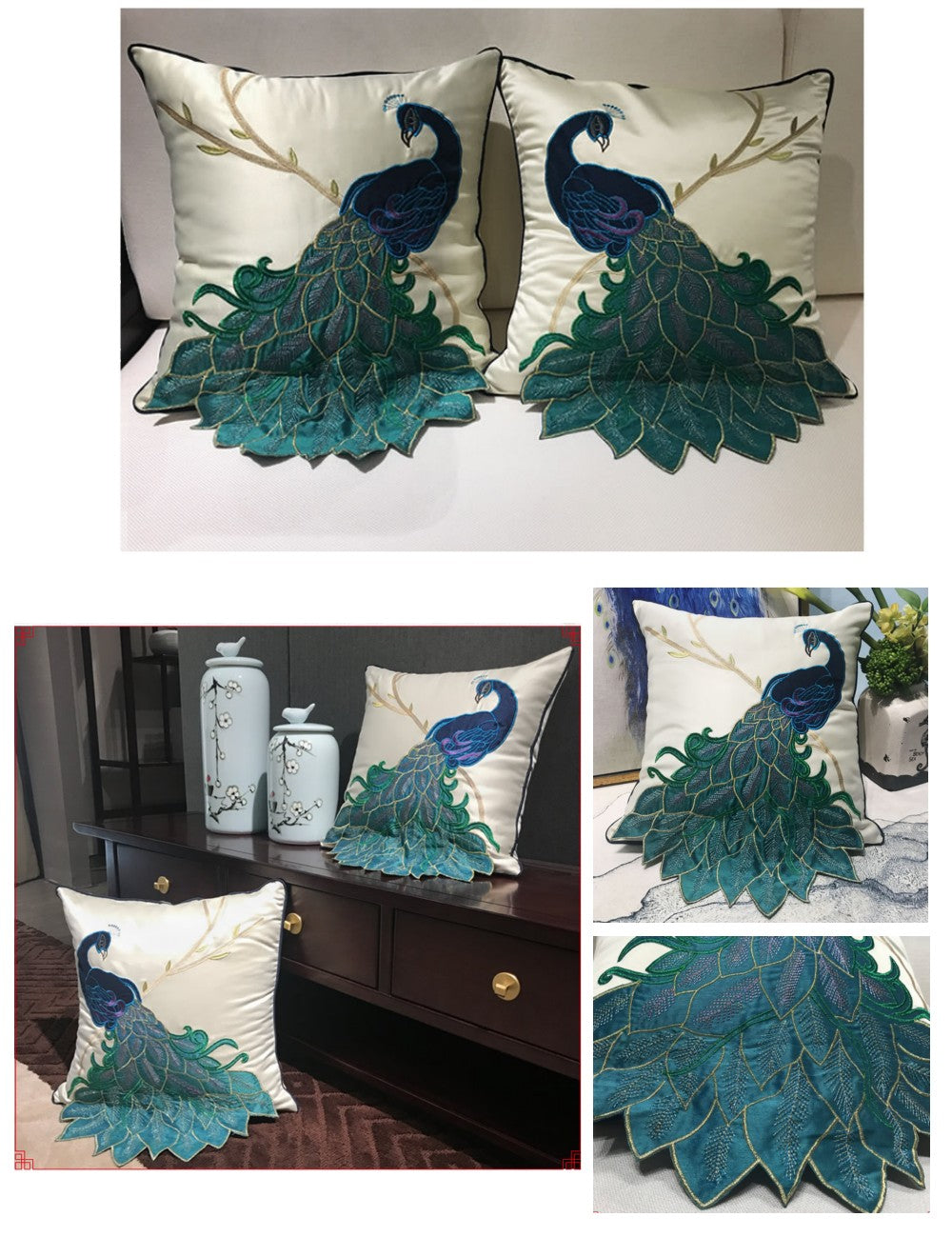 Embroider Peacock Cotton and linen Pillow Cover, Decorative Throw Pillow, Sofa Pillows, Home Decor