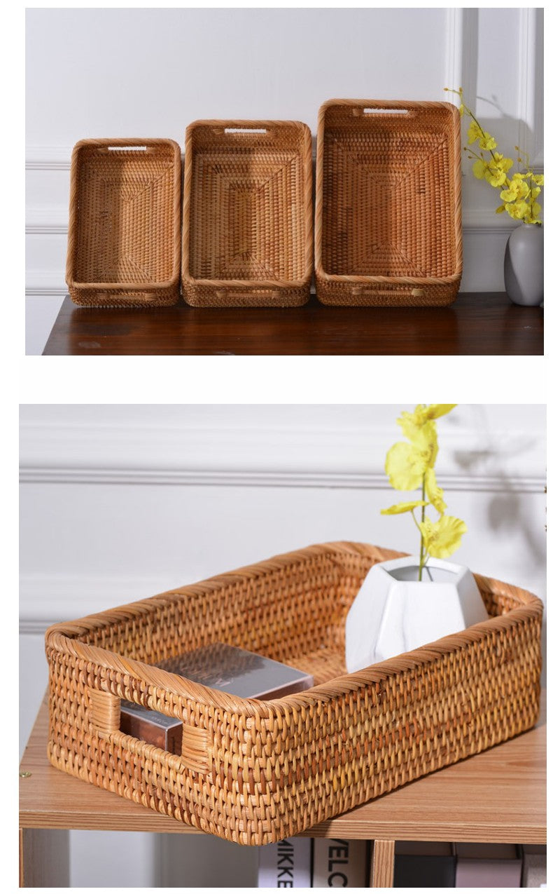 Handmade Rectangular Basket with Handle, Rattan Storage Basket, Storage Baskets for Kitchen and Bathroom