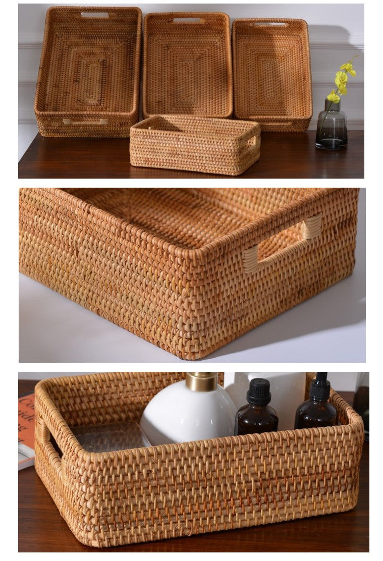 Large Rectangular Basket with Handle, Rattan Storage Basket, Storage Baskets for Kitchen and Bathroom