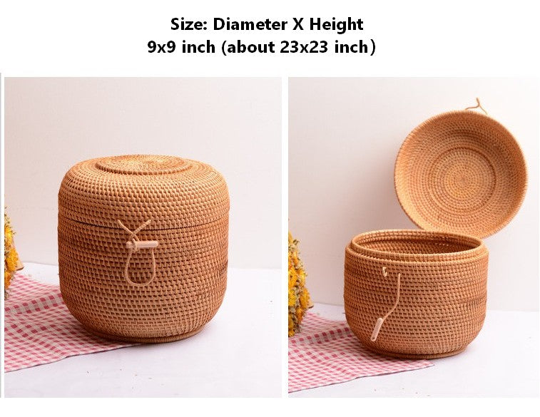 Cute Small Rattan Basket, Handmade Round Basket with Cover, Storage Baskets for Kitchen and Dining Room