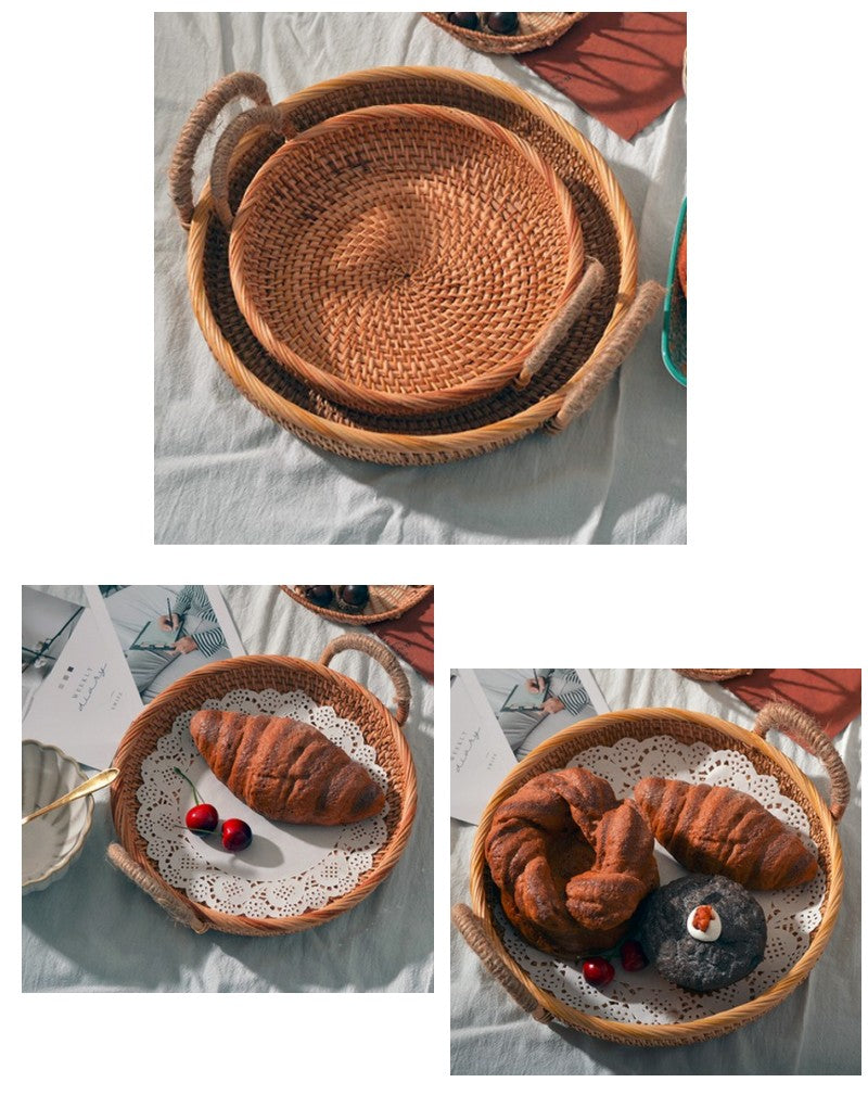 Rattan Storage Basket with Handle, Fruit Basket, Handmade Round Basket, Storage Baskets for Kitchen and Dining Room